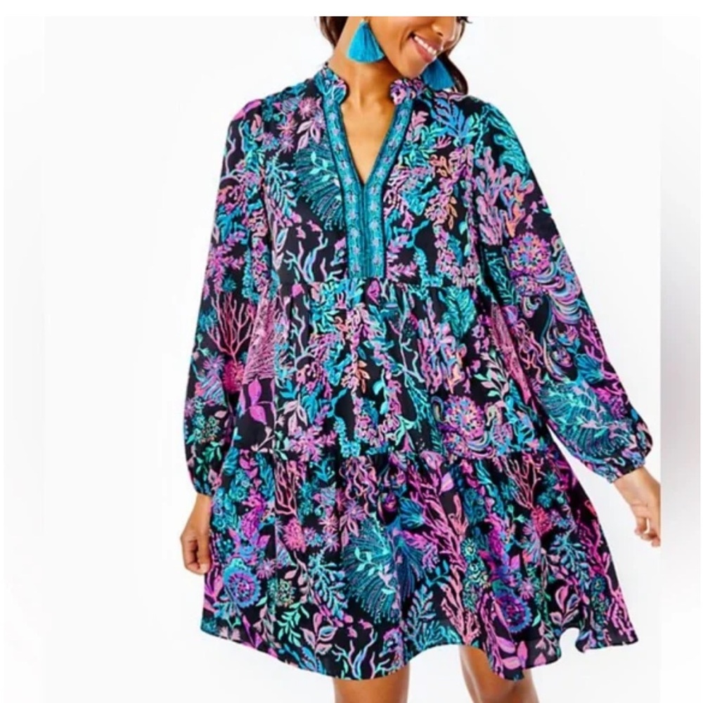 Lilly Pulitzer Black Mini Dress with Pink & Teal Floral Print - Picture 4 of 7